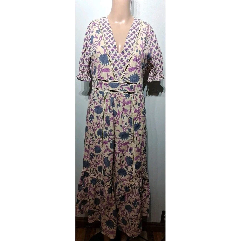 dRA Los Angeles Long Cotton Floral Print Dress Crochet Detail Size M NWOT - Picture 2 of 9